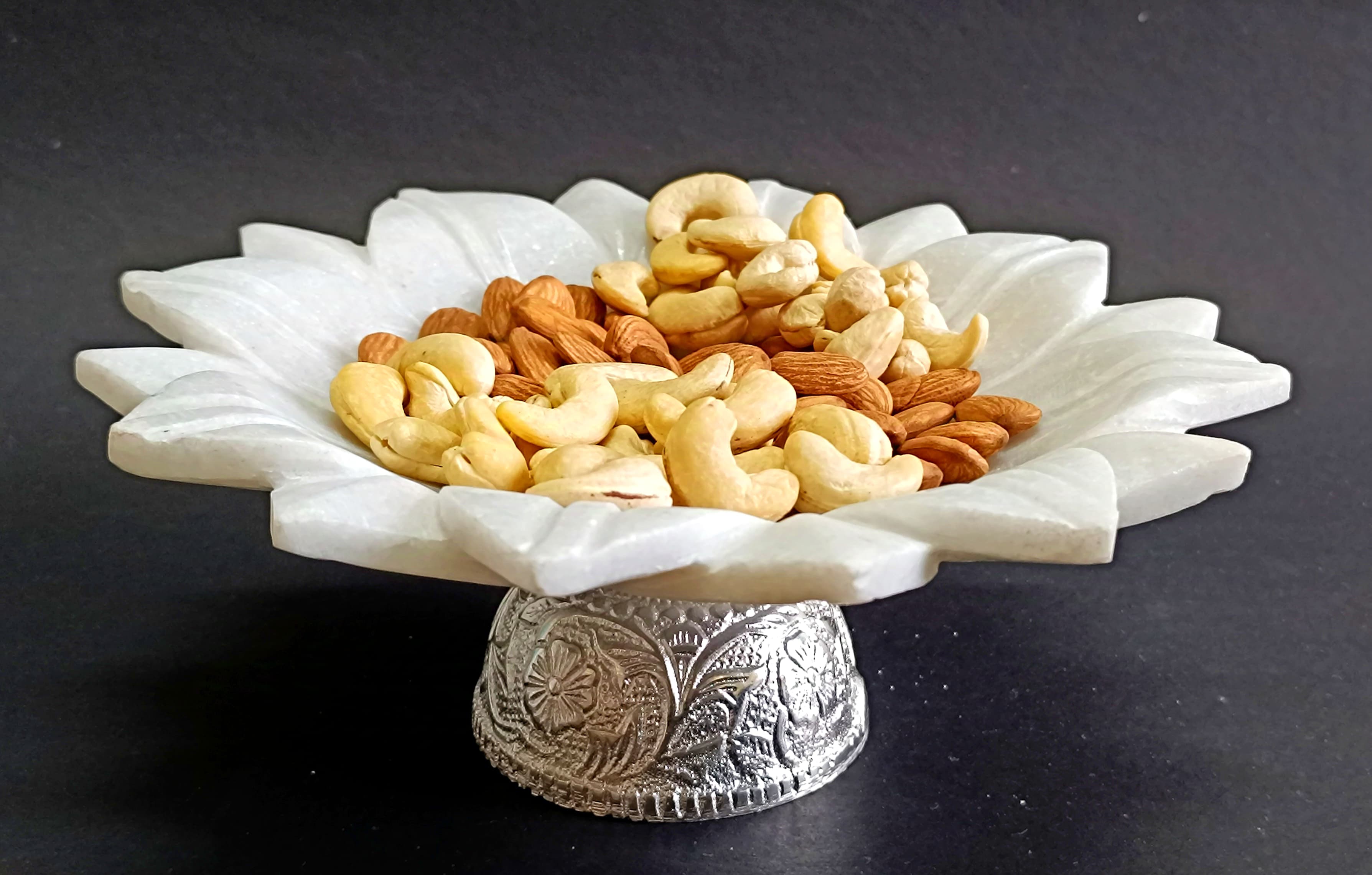 white marble lotus urli/fruit bowl/snacks bowl with silver metal stand for home décor, 9"